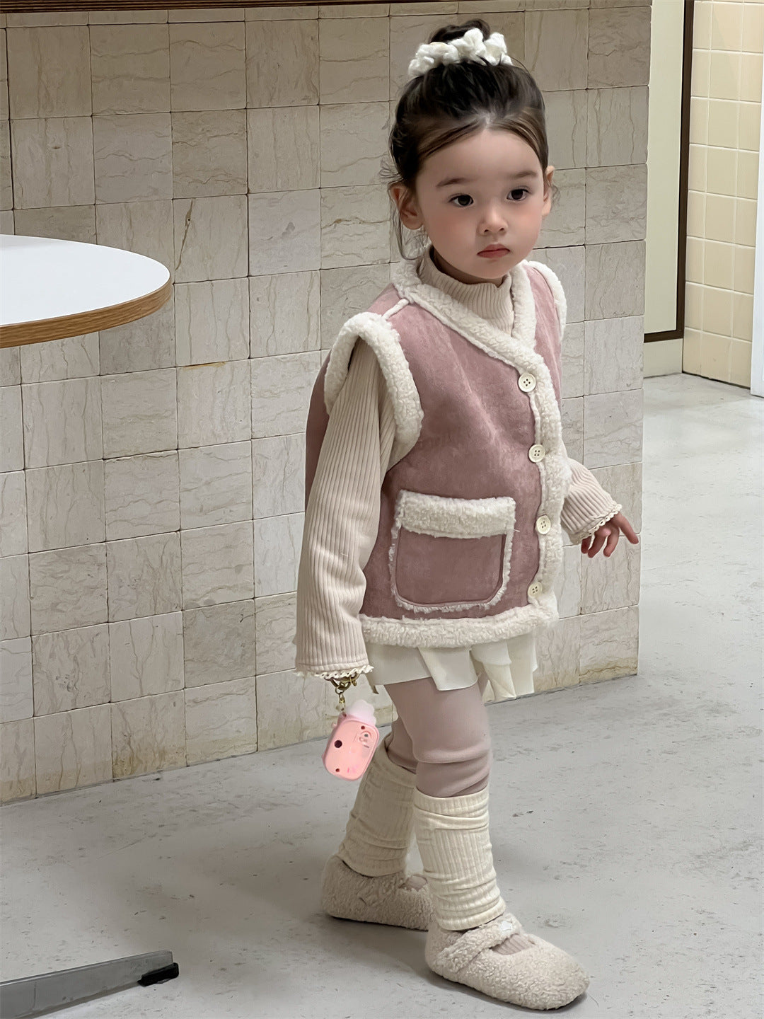 【BABY&KID】もこもこ暖かいベスト、 無地暖かいTシャツ、裏起毛レギンスSK021506