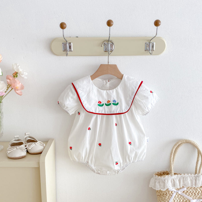 【BABY】夏新作 スクエアネック刺繍ロンパースSK091516