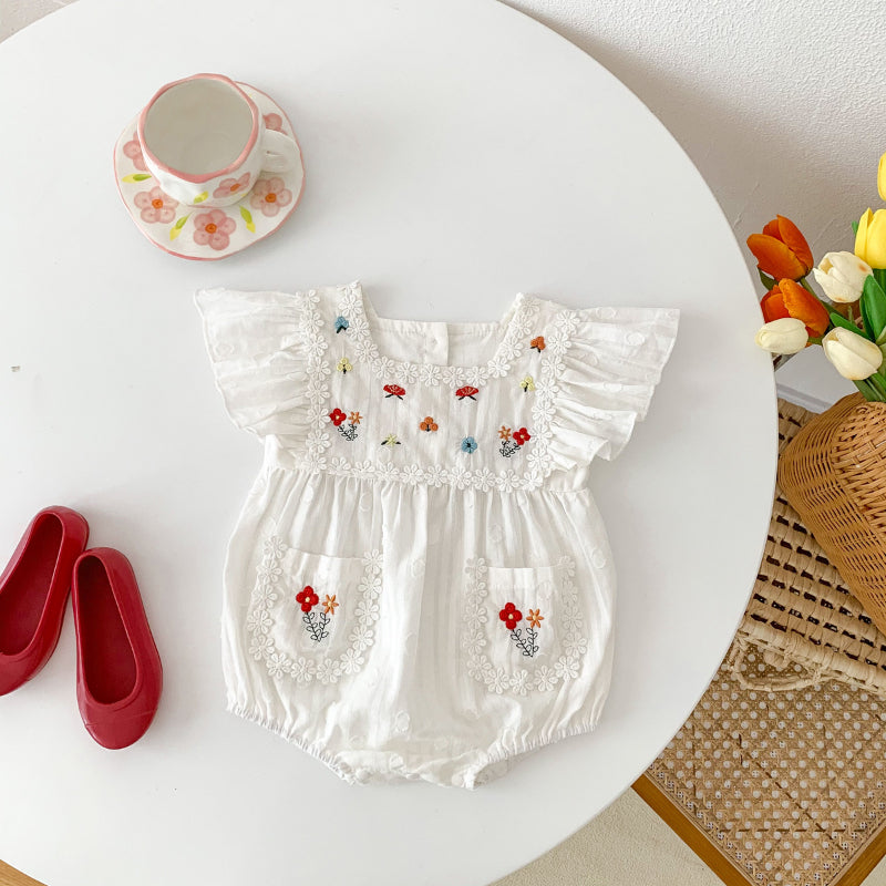 【BABY】夏新作 花刺繍スクエアネックロンパースSK090704