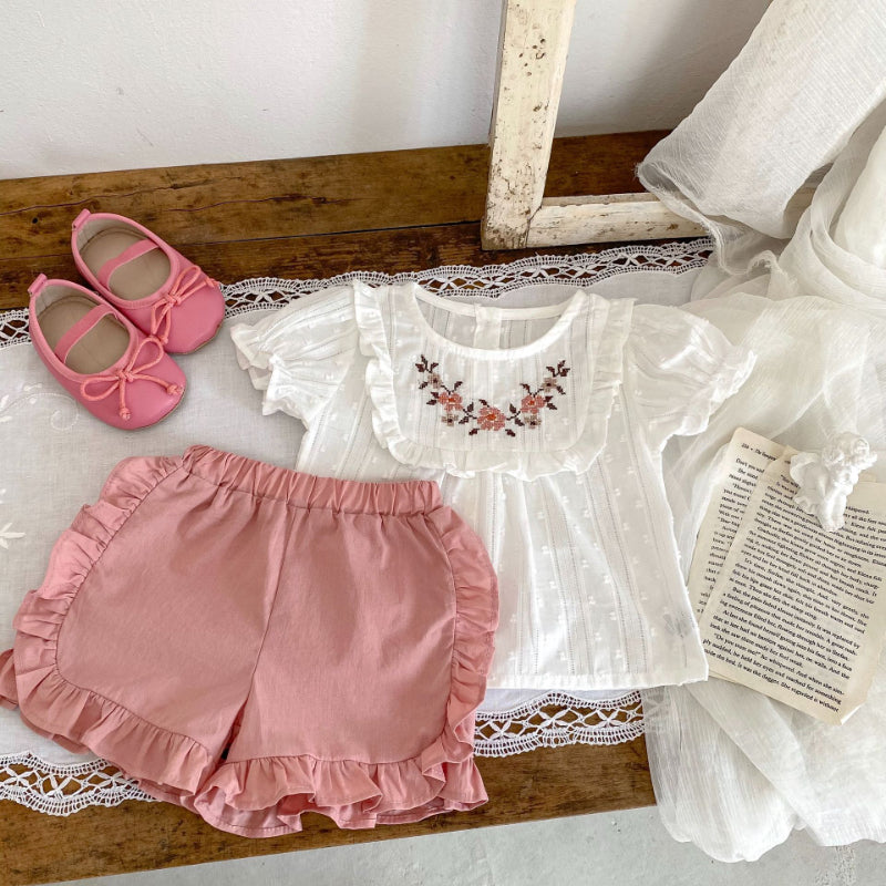 【BABY】夏新作 刺繍入りパフスリーブトップス&フリルショートパンツセットアップSK071919