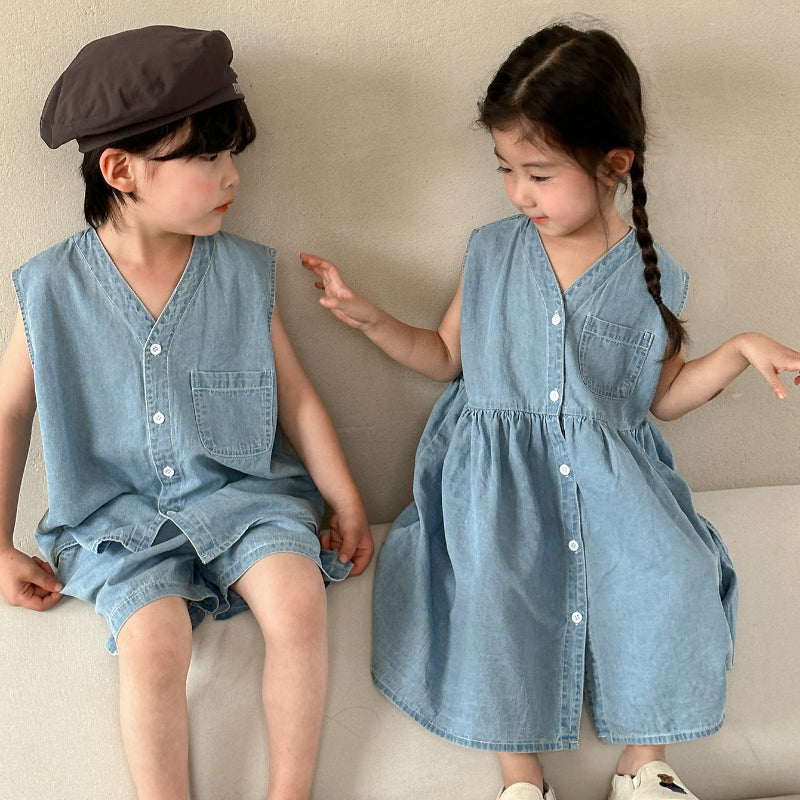 【BABY&KID】夏新作 Vネックデニムセット、ワンピースSK063012