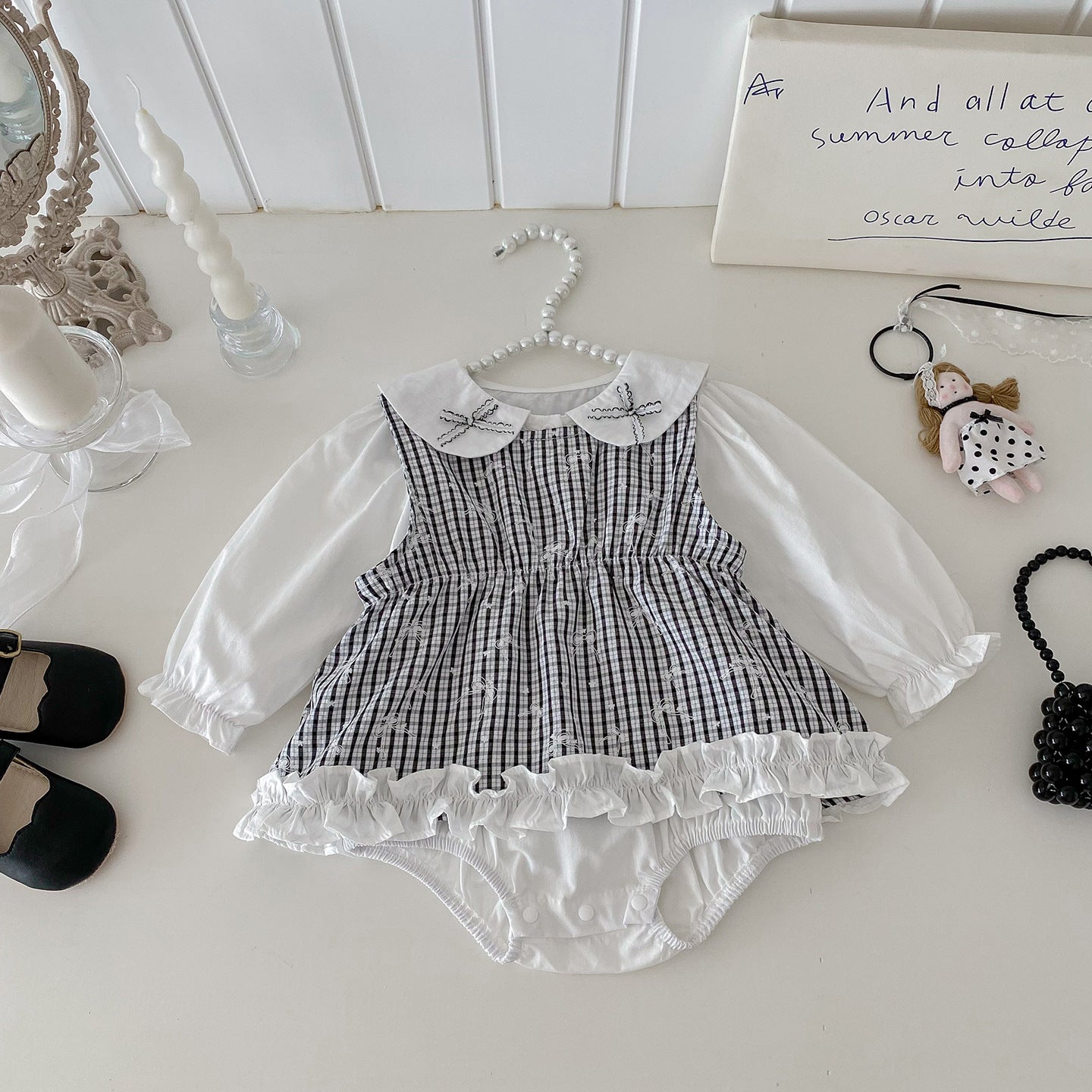 【BABY】チェックベスト&蝶結びロンパース2点セットSK100407