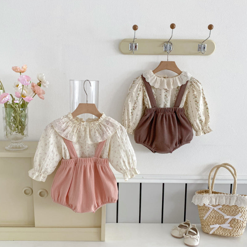 【BABY】フリルカラー花柄トップス&サロペットロンパースSK102417