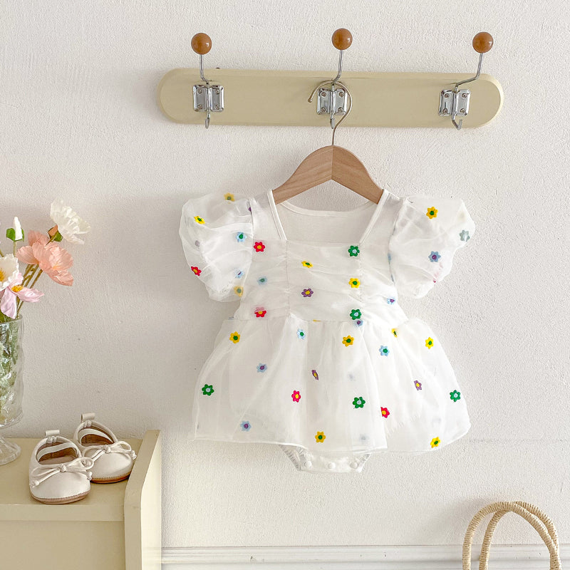 【BABY】夏新作 カラフル小花刺繍ロンパースワンピースSK091805