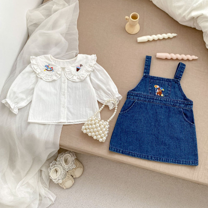 【BABY&KID】くま刺繍ジャンパースカート、カートゥーン刺繍襟ブラウスSK100841
