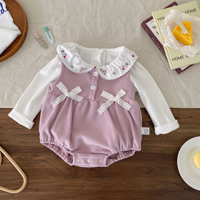 【BABY】リボンクルーネックロンパース、花刺繍カラーTシャツSK100741