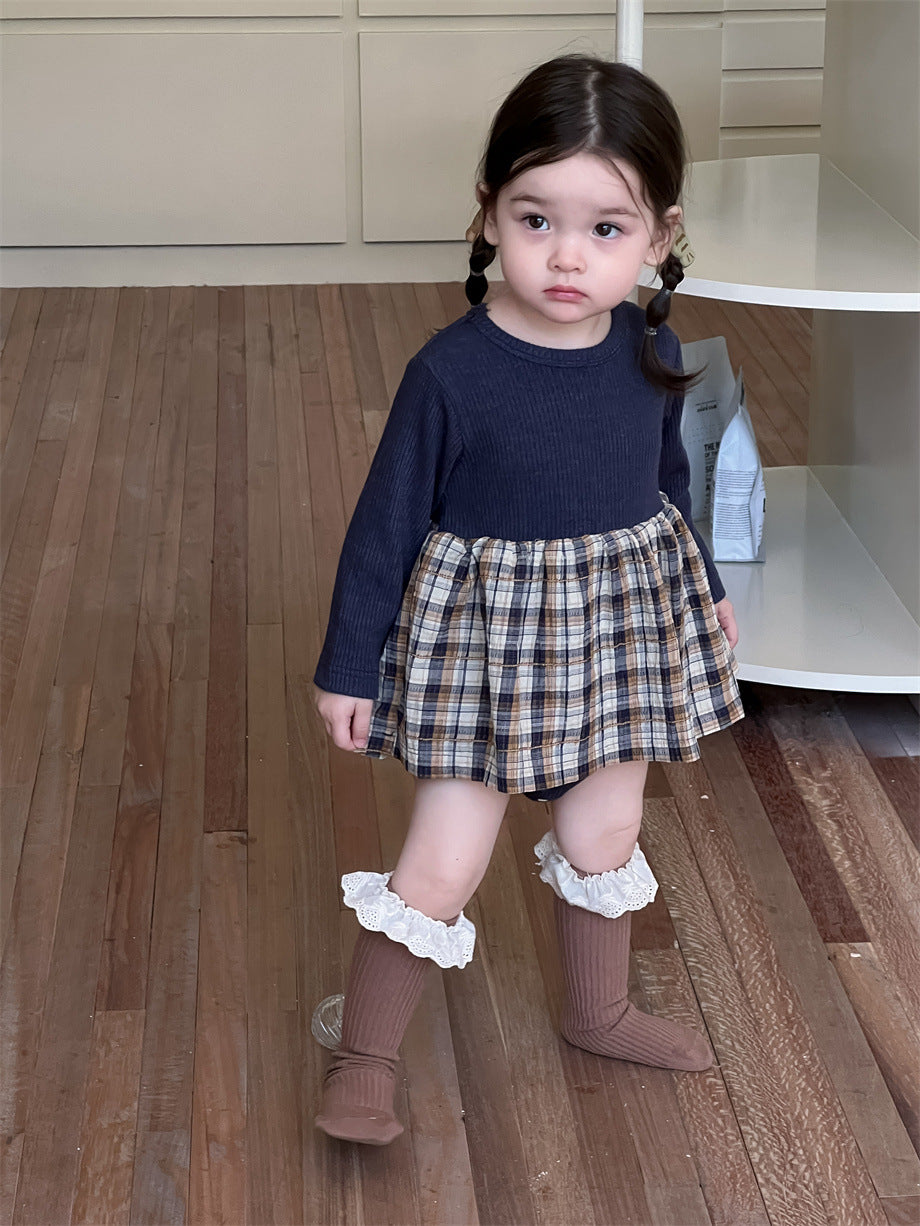 【BABY】ニットチェックのパッチワークワンピースSK012402
