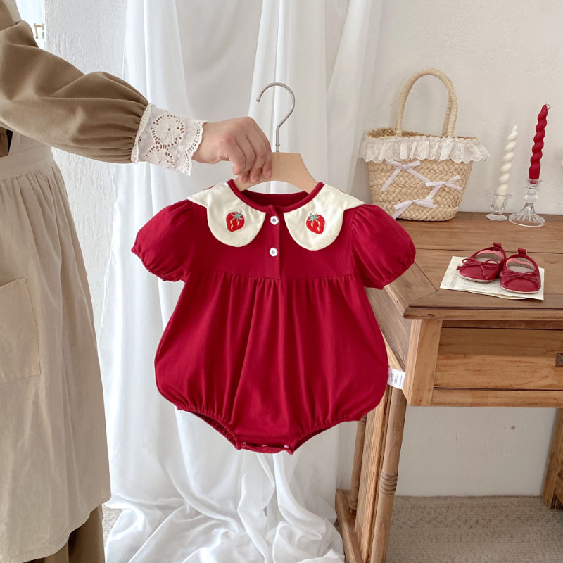 【BABY】夏新作 いちご刺繍パフスリーブロンパースSK092203