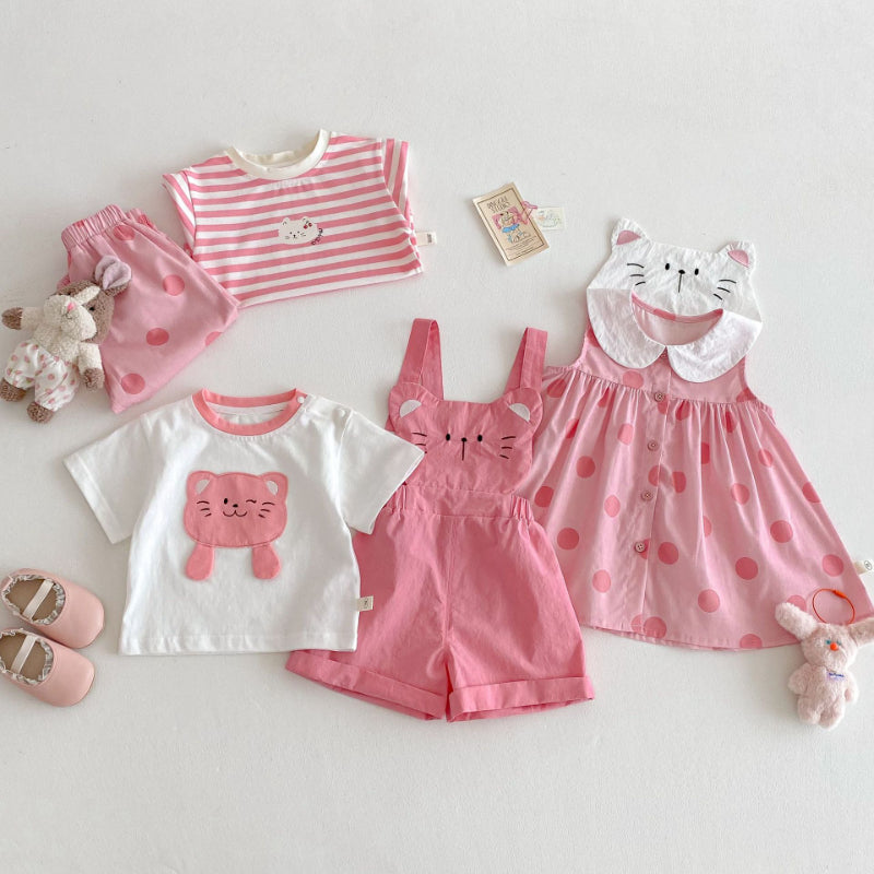 【BABY&KID】夏新作 ネコプリントTシャツ、ワンピ、サロペット、ドットパンツセットSKO71201