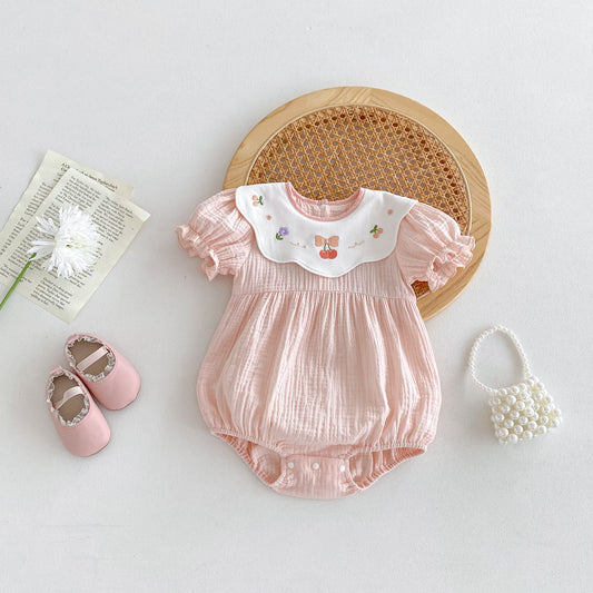 【BABY】夏新作 綿ガーゼ刺繍ロンパースSK090303