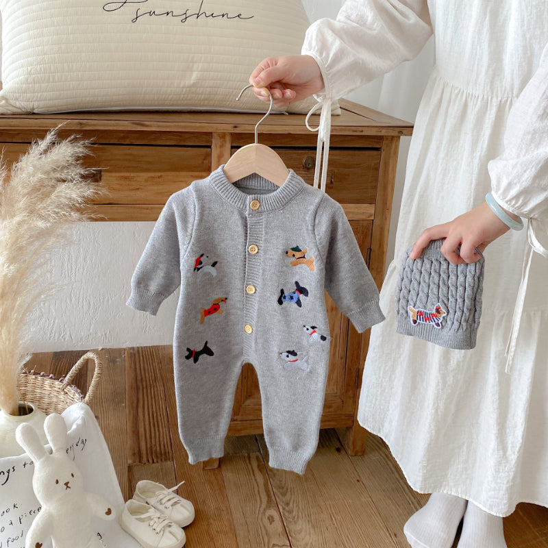 【BABY】ワンちゃん刺繍ニットカバーオール&帽子SK092505