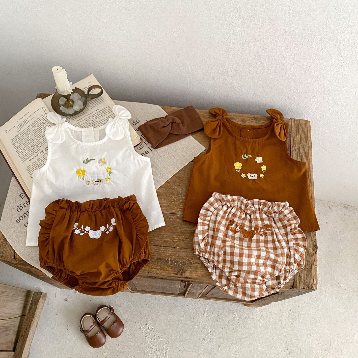【BABY】夏新作 リボン刺繍ベスト&ショートパンツセットアップSK071608