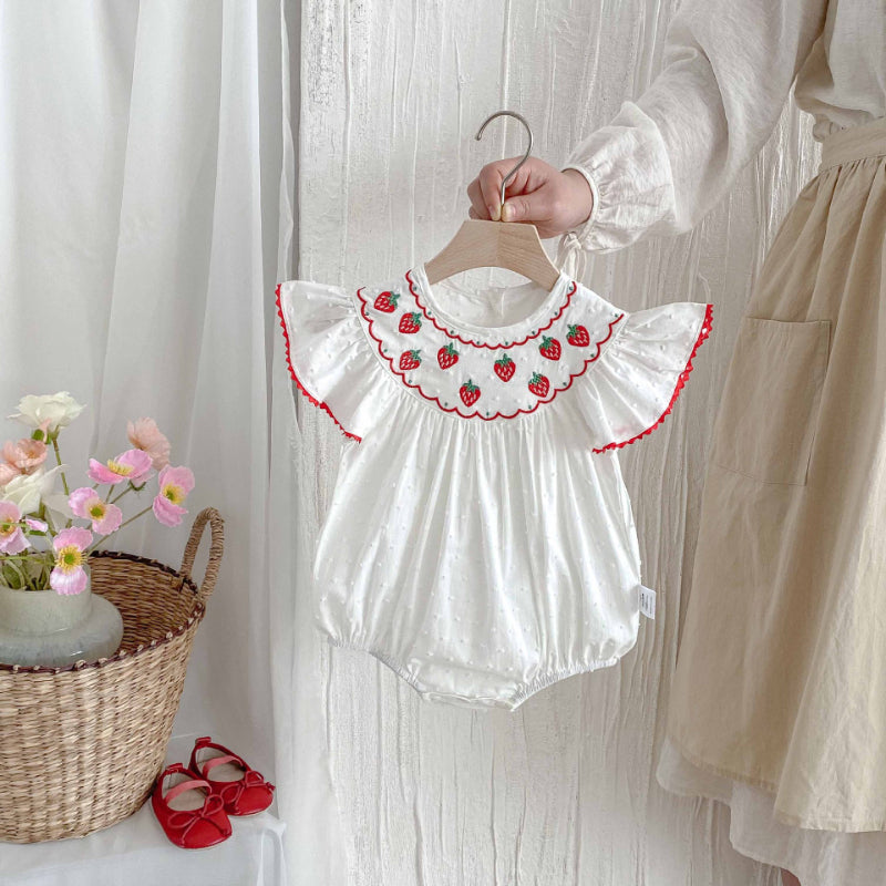 【BABY】夏新作 いちご刺繍ロンパースSK090304