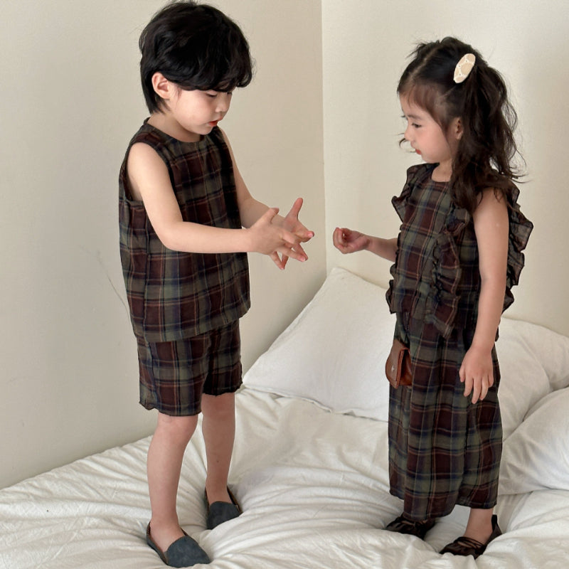 【BABY&KID】夏新作 レトロチェックノースリーブセットアップSK063025