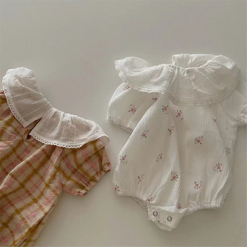 【BABY】夏新作 チェック、フラワーラッフルカラーロンパースSK071601