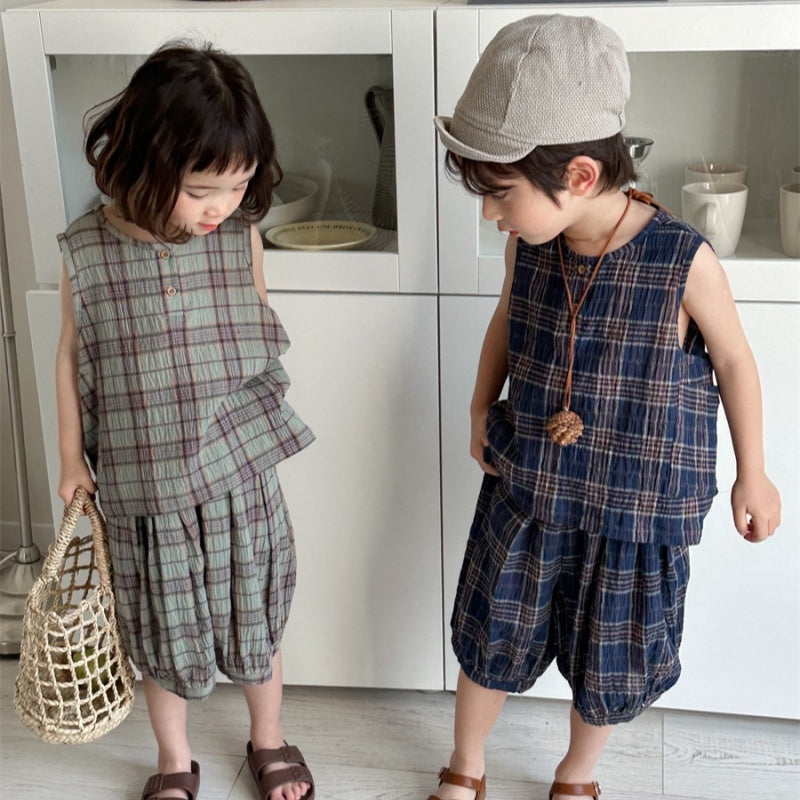 【BABY&KID】夏新作 チェックコットンリネンセットアップSK080511