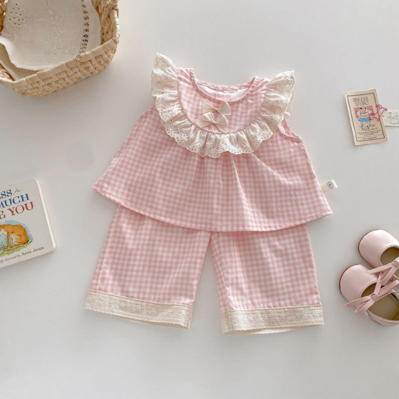 【BABY&KID】夏新作 リボンレースチェックトップス&パンツセットSK070207