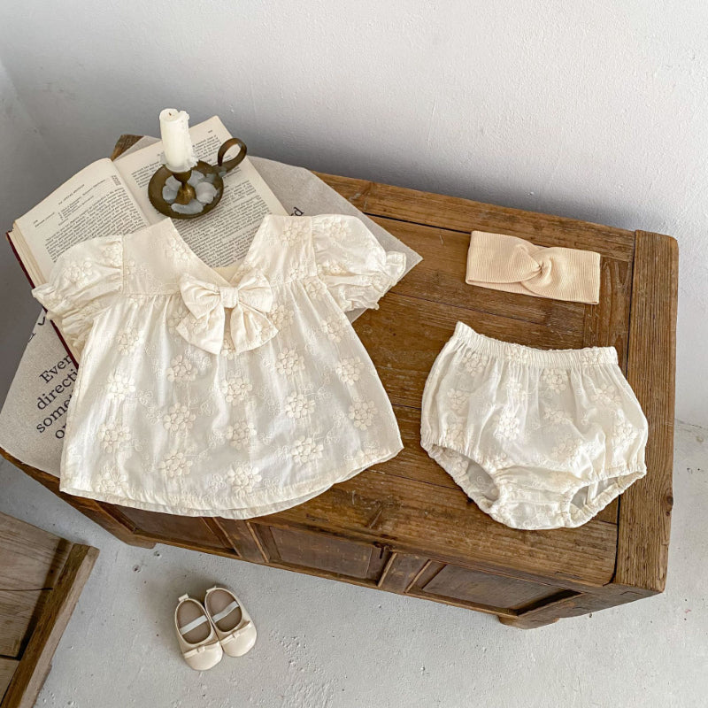 【BABY】夏新作 刺繍トップス&リボンショートパンツセットアップSK071913