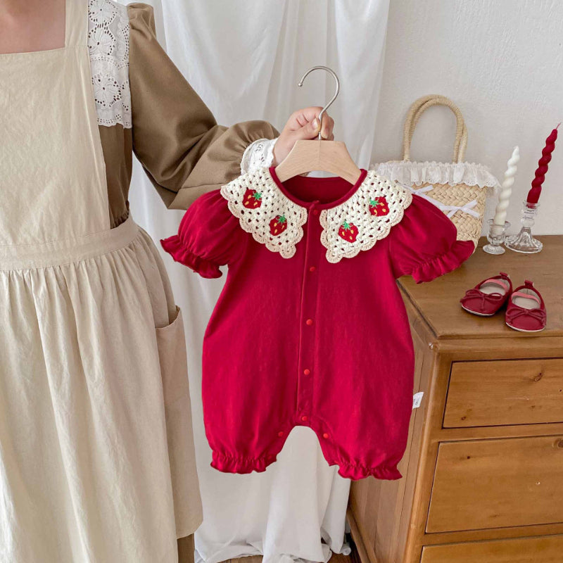 【BABY】夏新作 レッド刺繍ロンパースSK090306