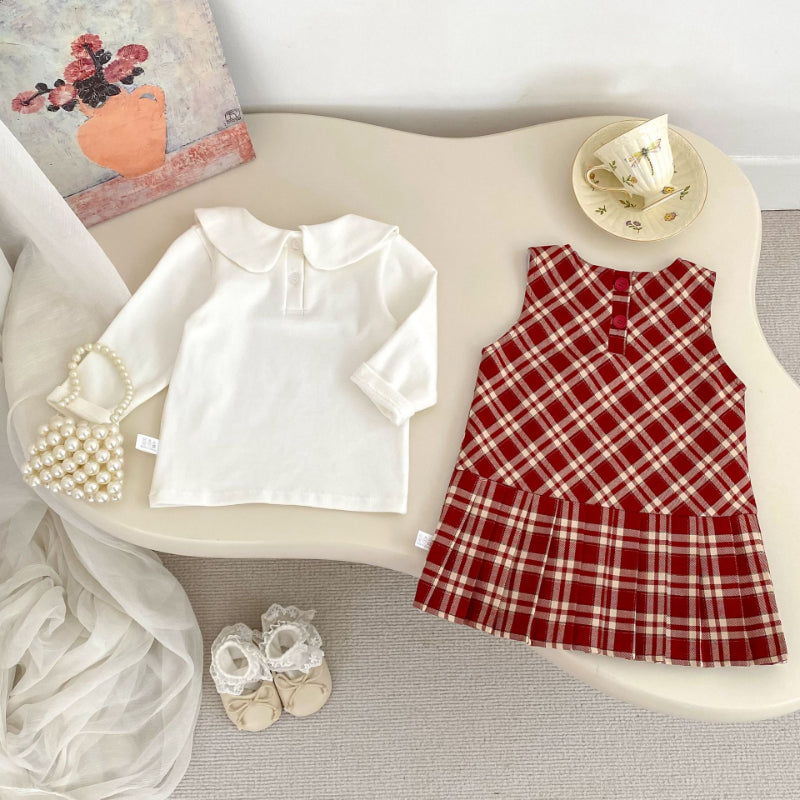 【BABY&KID】学院風チェックワンピース、さくらんぼ刺繍襟TシャツSK100842