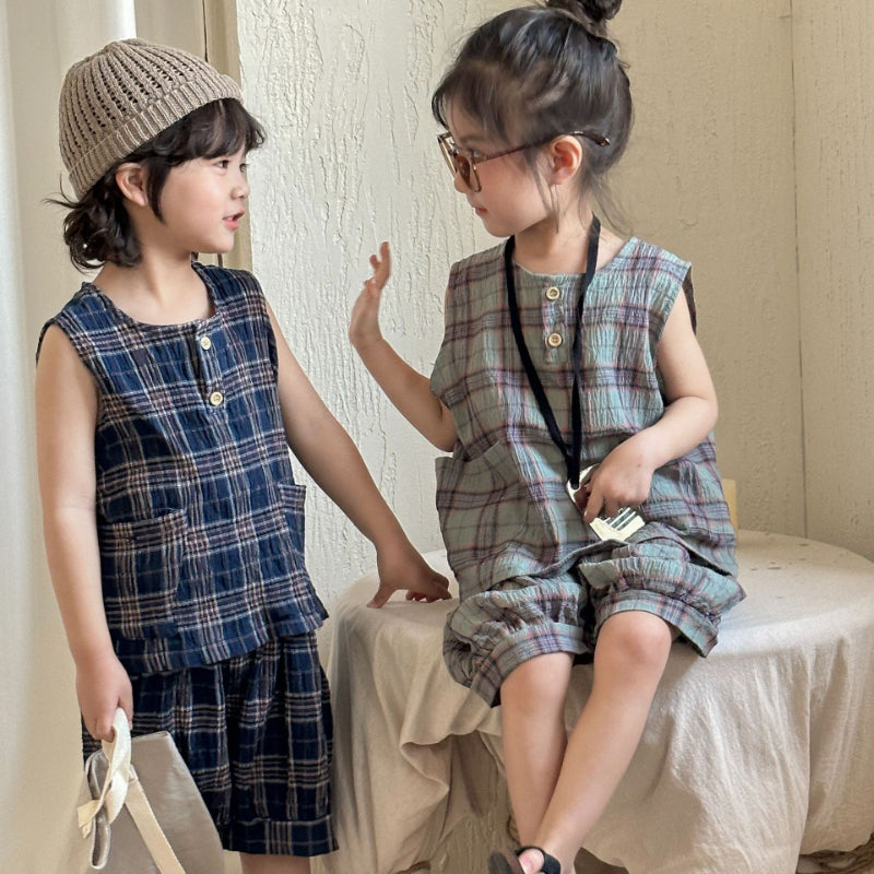 【BABY&KID】夏新作 ポケット付きチェックセットアップSK072107