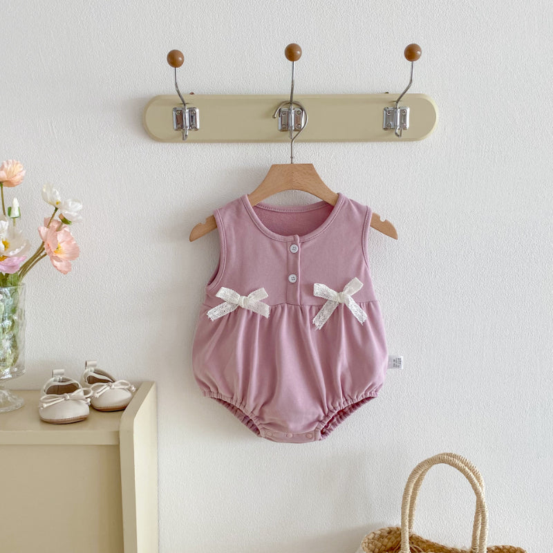 【BABY】リボンクルーネックロンパース、花刺繍カラーTシャツSK100741