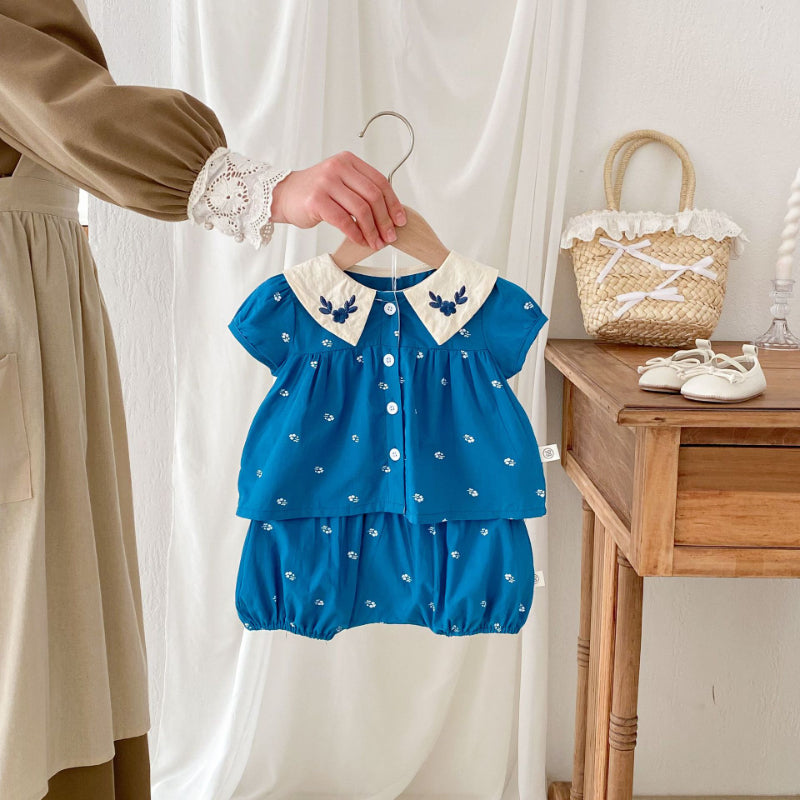 【BABY】夏新作 フラワー刺繍襟セットアップSK072604