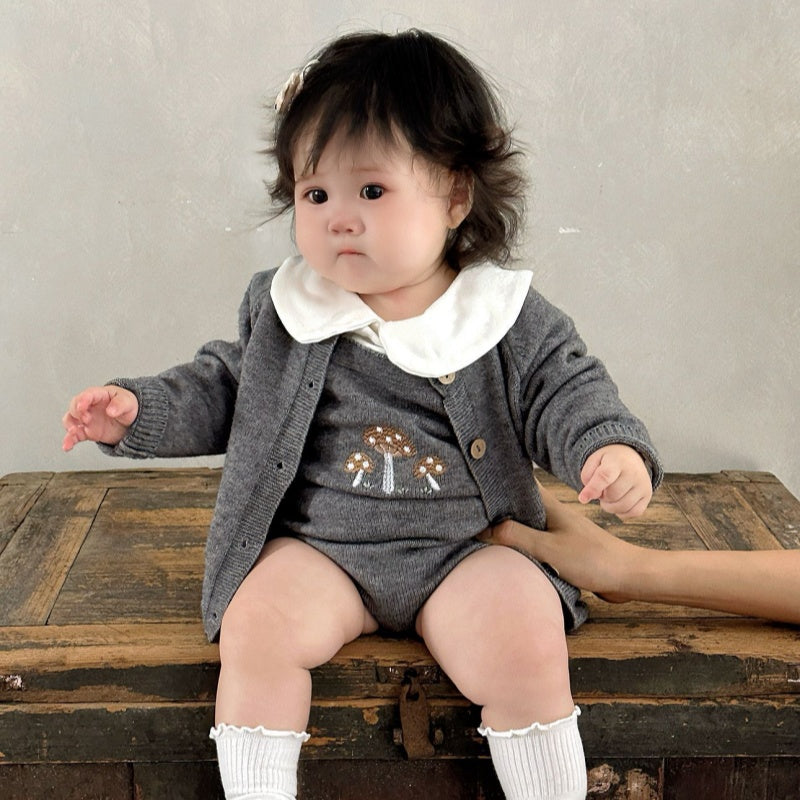 【BABY】きのこ刺繍サロペットロンパース、カーディガンSK101814