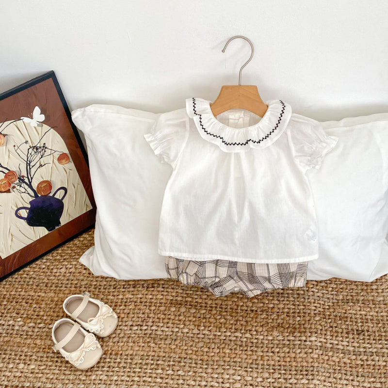 【BABY&KID】夏新作 刺繍フリル襟トップス&チェックショートパンツSK081524
