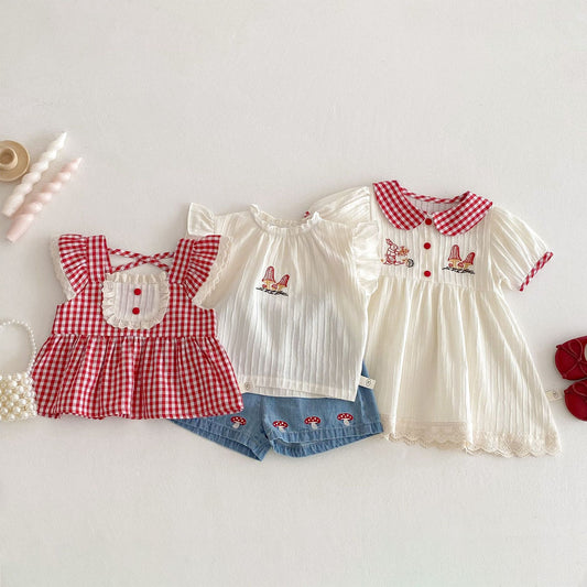 【BABY&KID】夏新作 フリルチェックトップス、ワンピース、デニムパンツSK062321