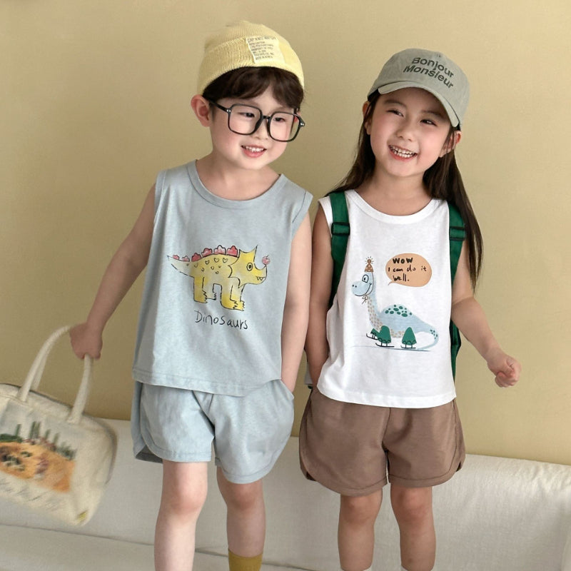 【BABY&KID】夏新作 英字と恐竜柄のノースリーブスーツSK063007
