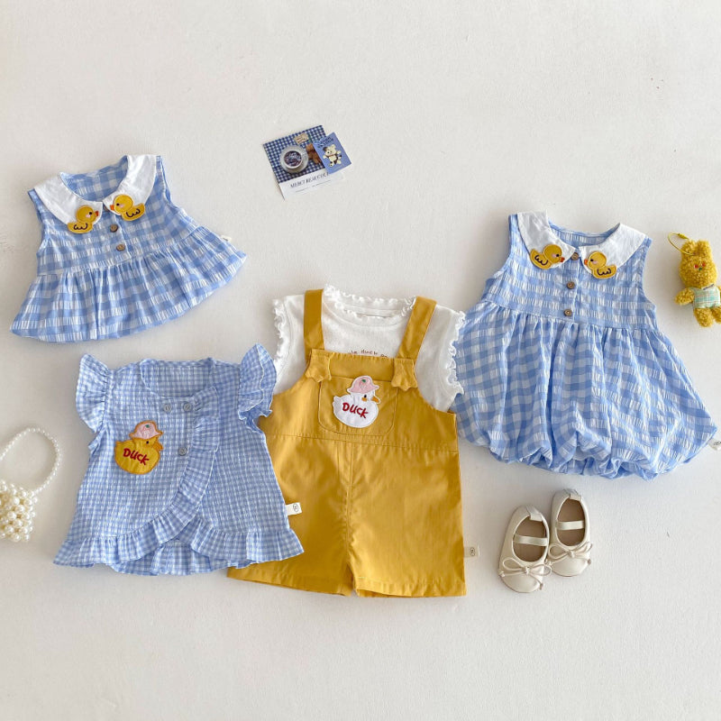 【BABY&KID】夏新作 アヒルブルーチェックロンパース、ワンピース、ベスト、Tシャツ、オーバーオールSK070515