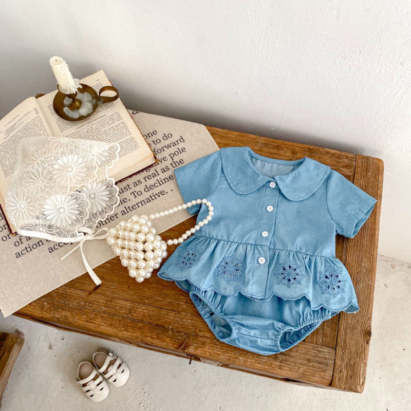 【BABY】夏新作 デニム刺繍トップス&ショーツセットアップSK071915