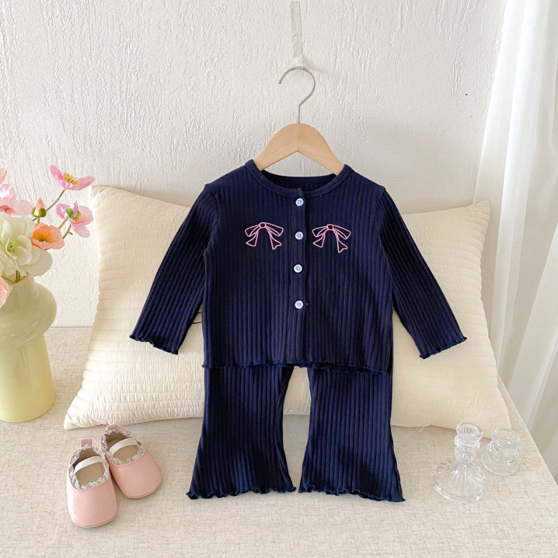 【BABY&KID】無地刺繍蝶結びリブセットアップSK092431