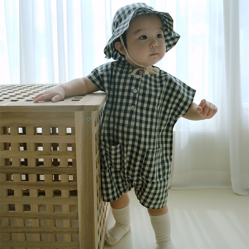 【BABY】夏新作 チェック、無地ロンパース&帽子SK071304