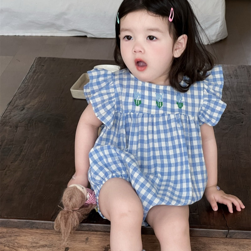 【BABY】夏新作 フラワー、チェック刺繍ロンパースSK082308