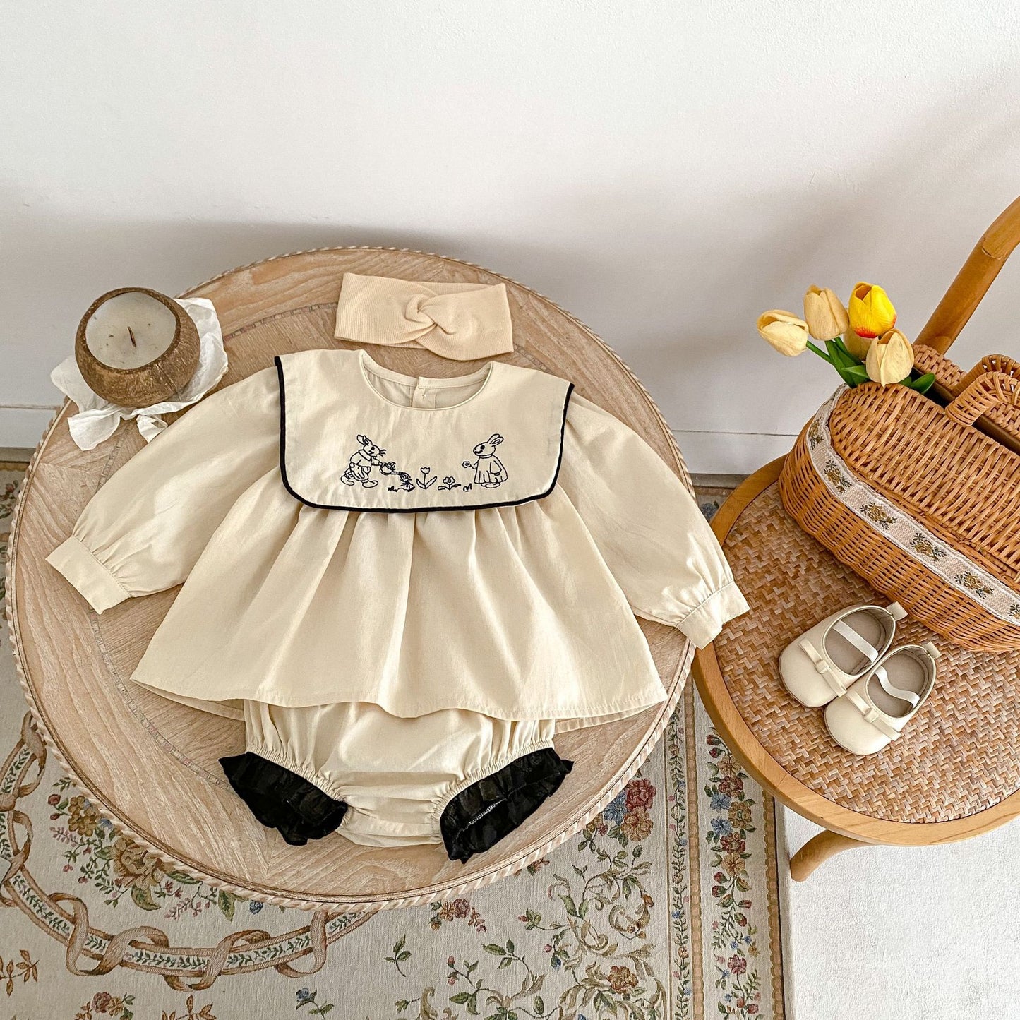 【BABY&KID】ウサギ刺繡襟トップス&ブルマSK031802