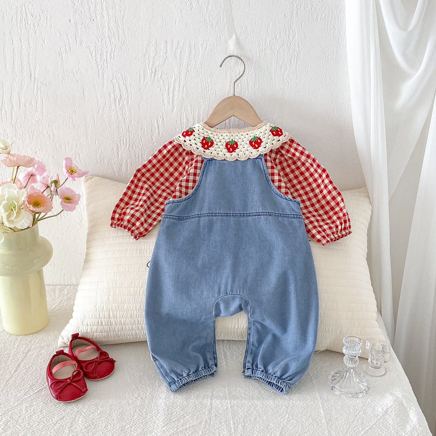 【BABY】いちごチェックブラウス&いちご刺繍サロペットSK100804