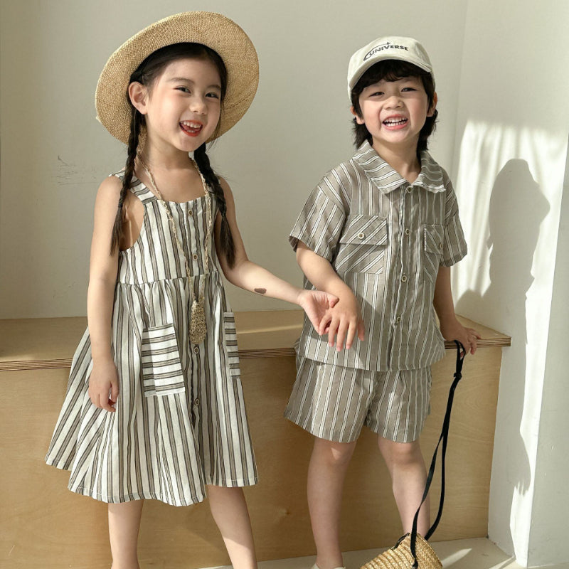 【BABY&KID】夏新作 ストライプシャツセット、サスペンダーワンピースSK063021