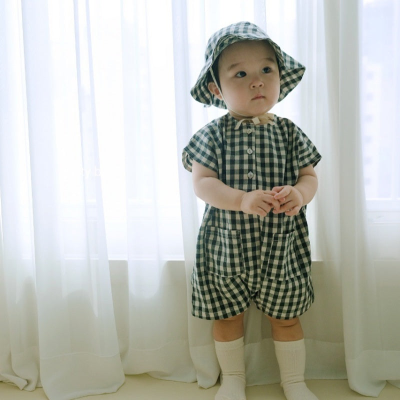 【BABY】夏新作 チェック、無地ロンパース&帽子SK071304