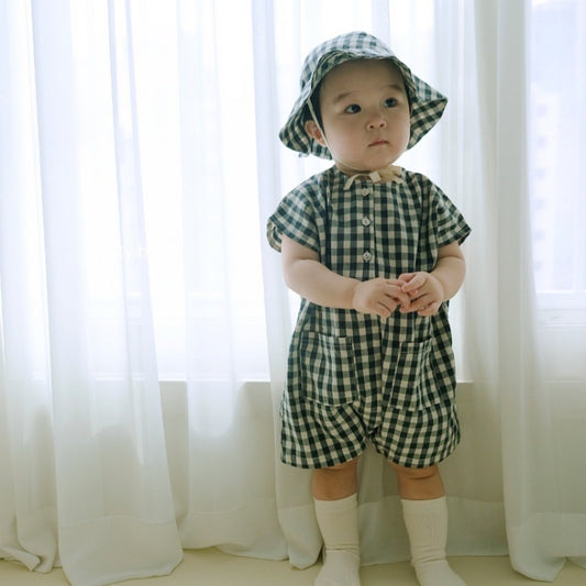 【BABY】夏新作 チェック、無地ロンパース&帽子SK071304
