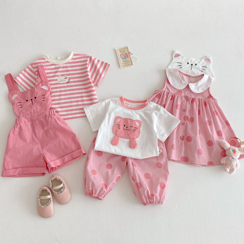 【BABY&KID】夏新作 ネコプリントTシャツ、ワンピ、サロペット、ドットパンツセットSKO71201