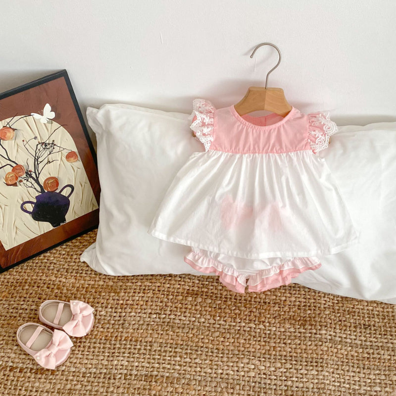 【BABY&KID】夏新作 バイカラーフリル袖トップス&ショートパンツSK081525