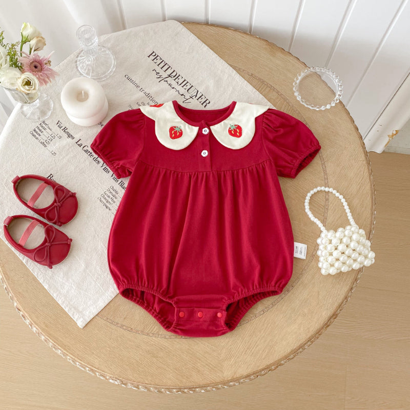 【BABY】夏新作 いちご刺繍パフスリーブロンパースSK092203