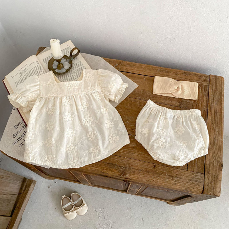 【BABY】夏新作 刺繍トップス&リボンショートパンツセットアップSK071913