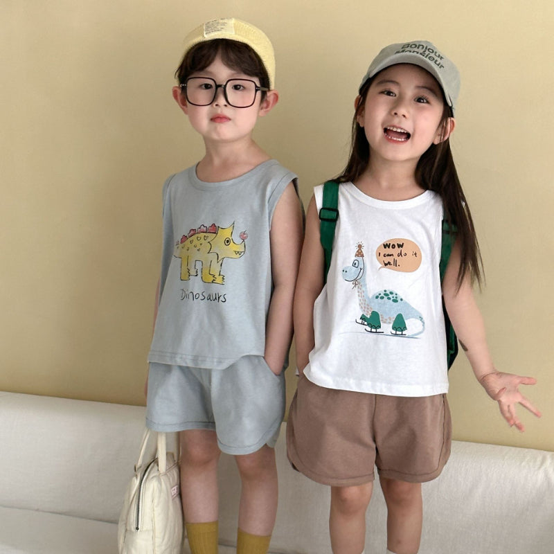 【BABY&KID】夏新作 英字と恐竜柄のノースリーブスーツSK063007