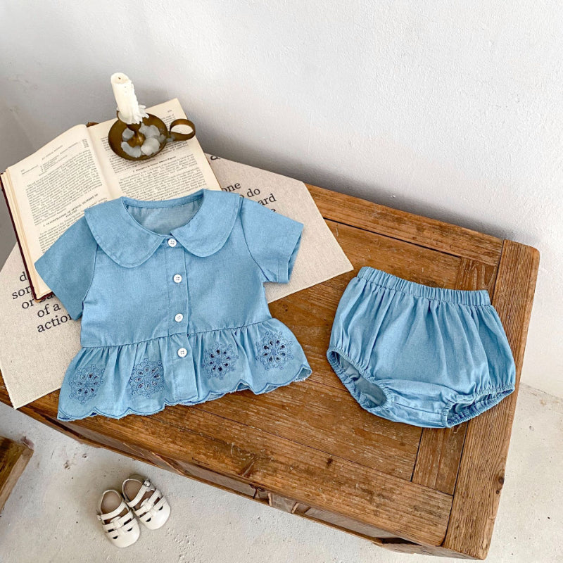 【BABY】夏新作 デニム刺繍トップス&ショーツセットアップSK071915