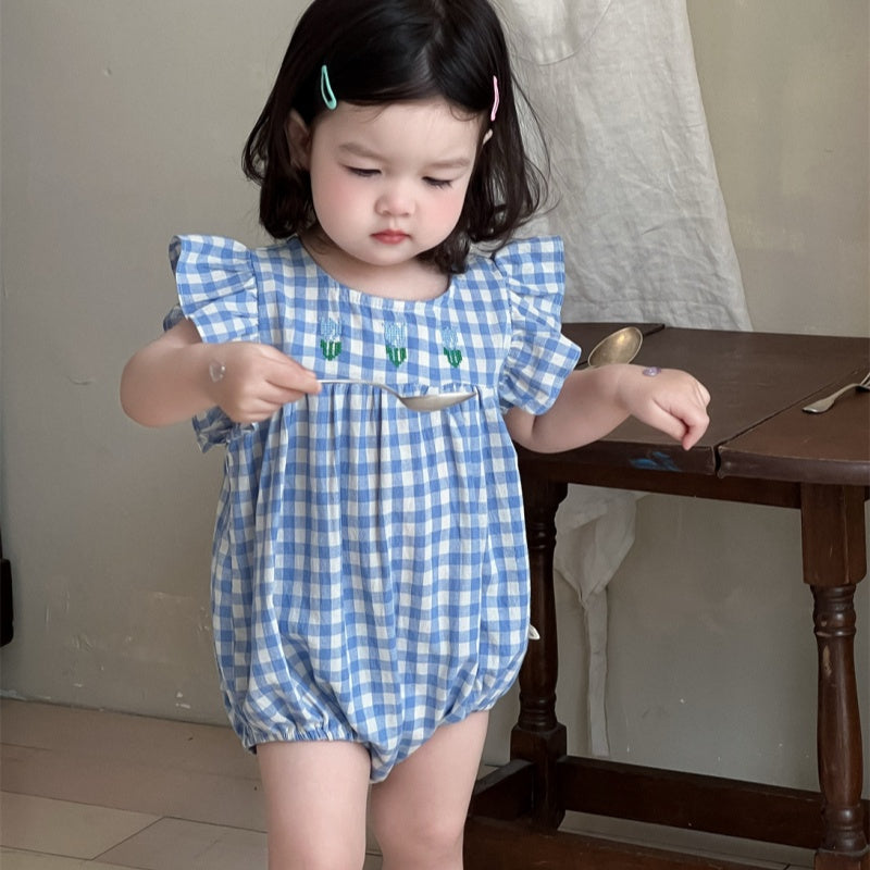 【BABY】夏新作 フラワー、チェック刺繍ロンパースSK082308