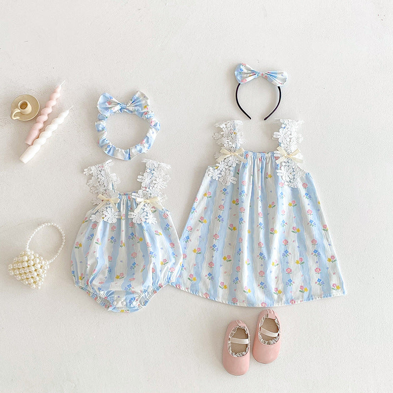 【姉妹服】夏新作 レースキャミ小花柄ロンパース、ワンピースSK081628