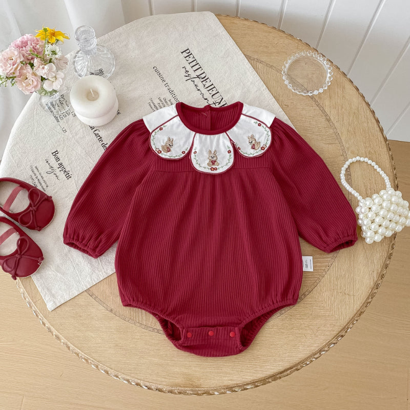 【BABY】小兔刺繍花びら襟ロンパースSK092801